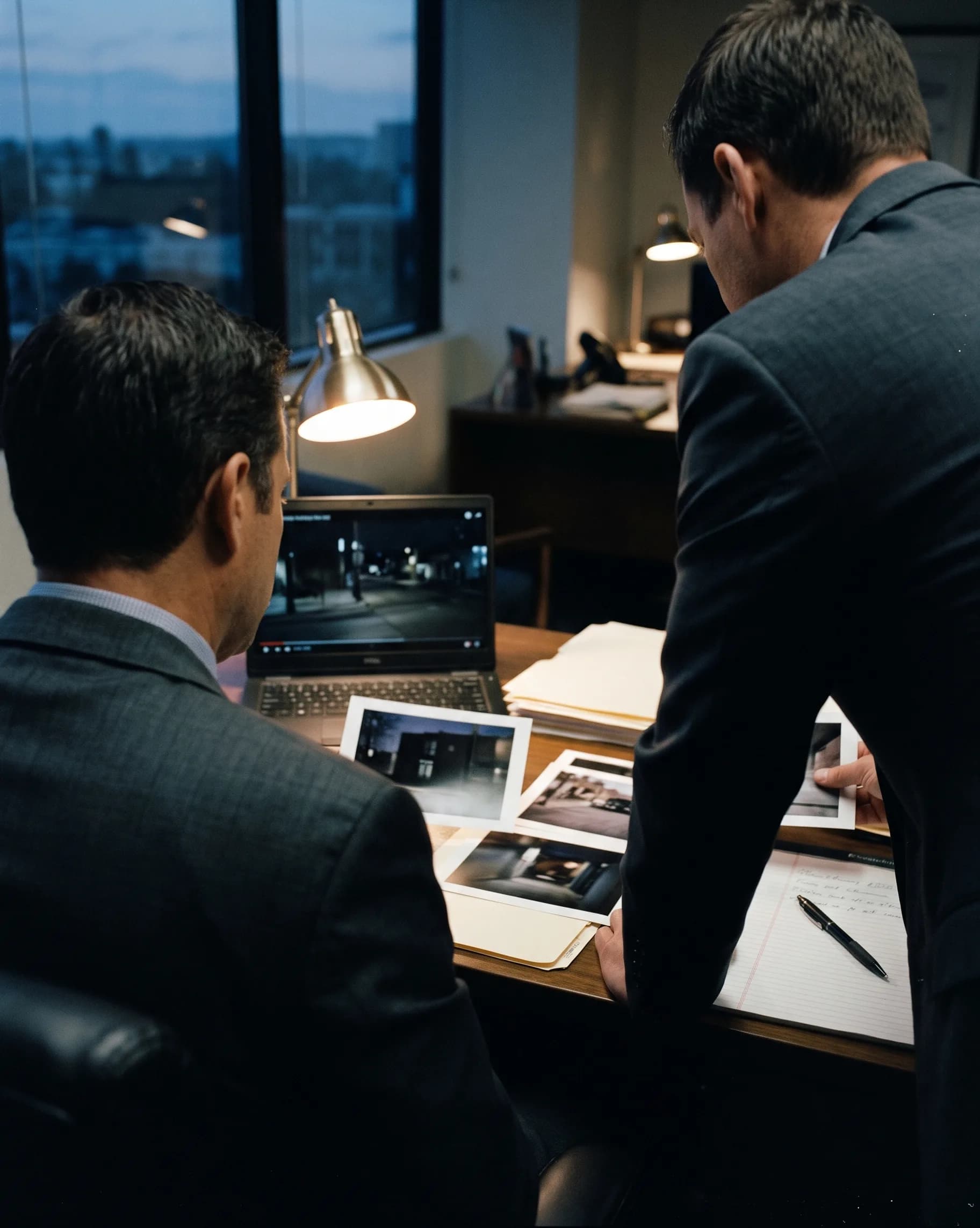 Two attorneys reviewing printed stills from bodycam footage late in the evening