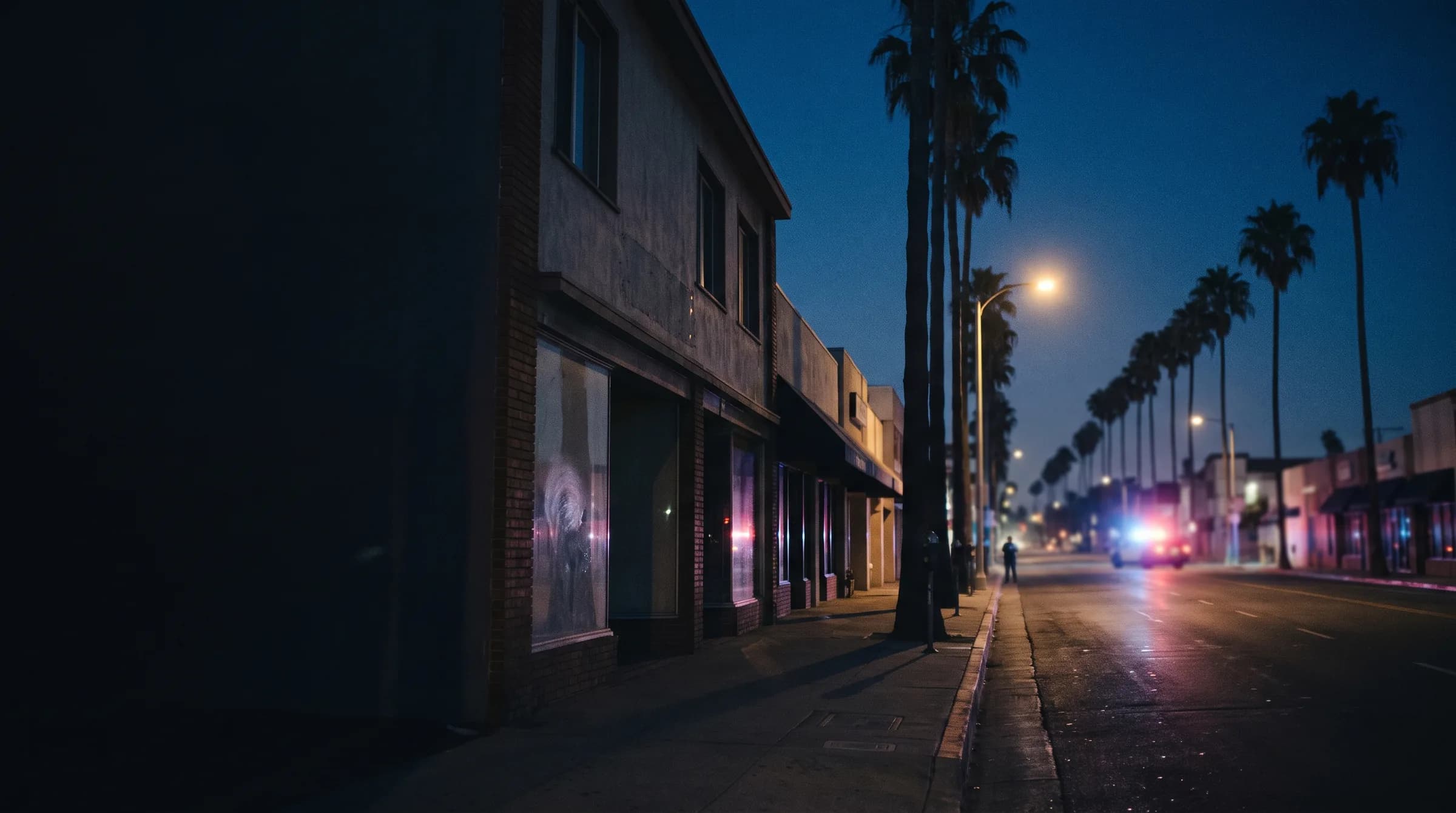 A quiet street in Florence at night, a patrol car's lights glowing far down the block