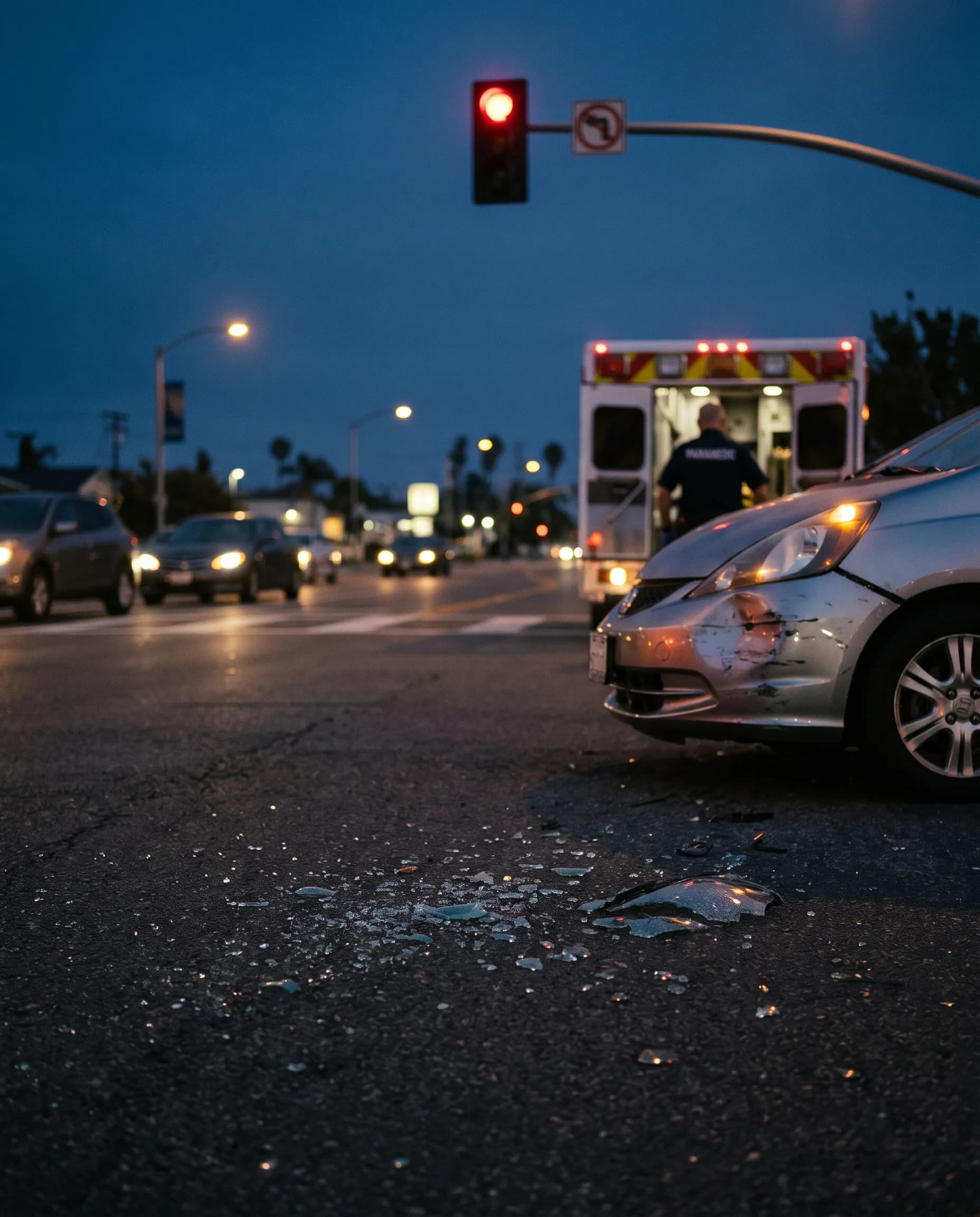 Two damaged cars at a city intersection with an ambulance arriving