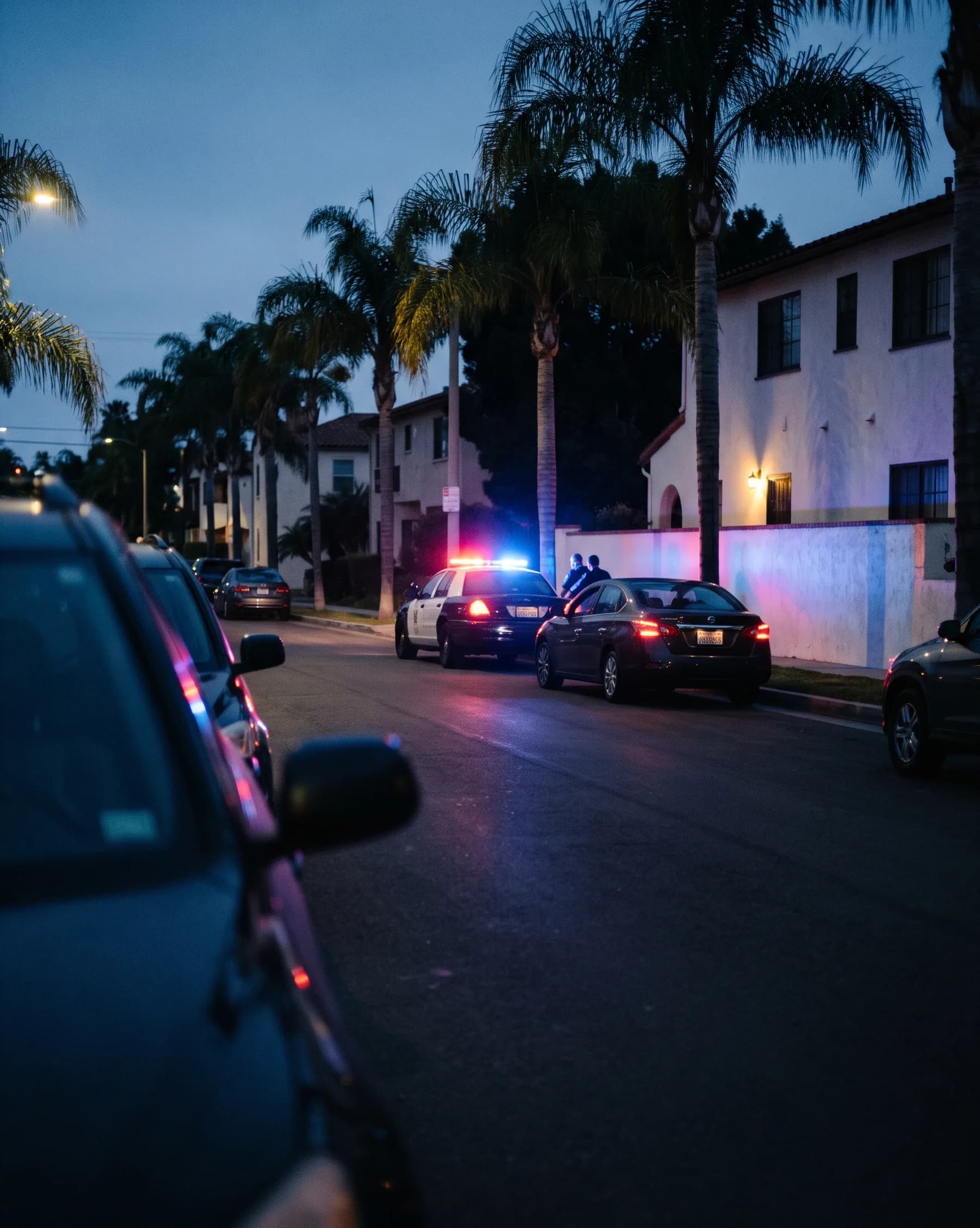 A patrol car with its lights on behind a stopped sedan on a city street at night
