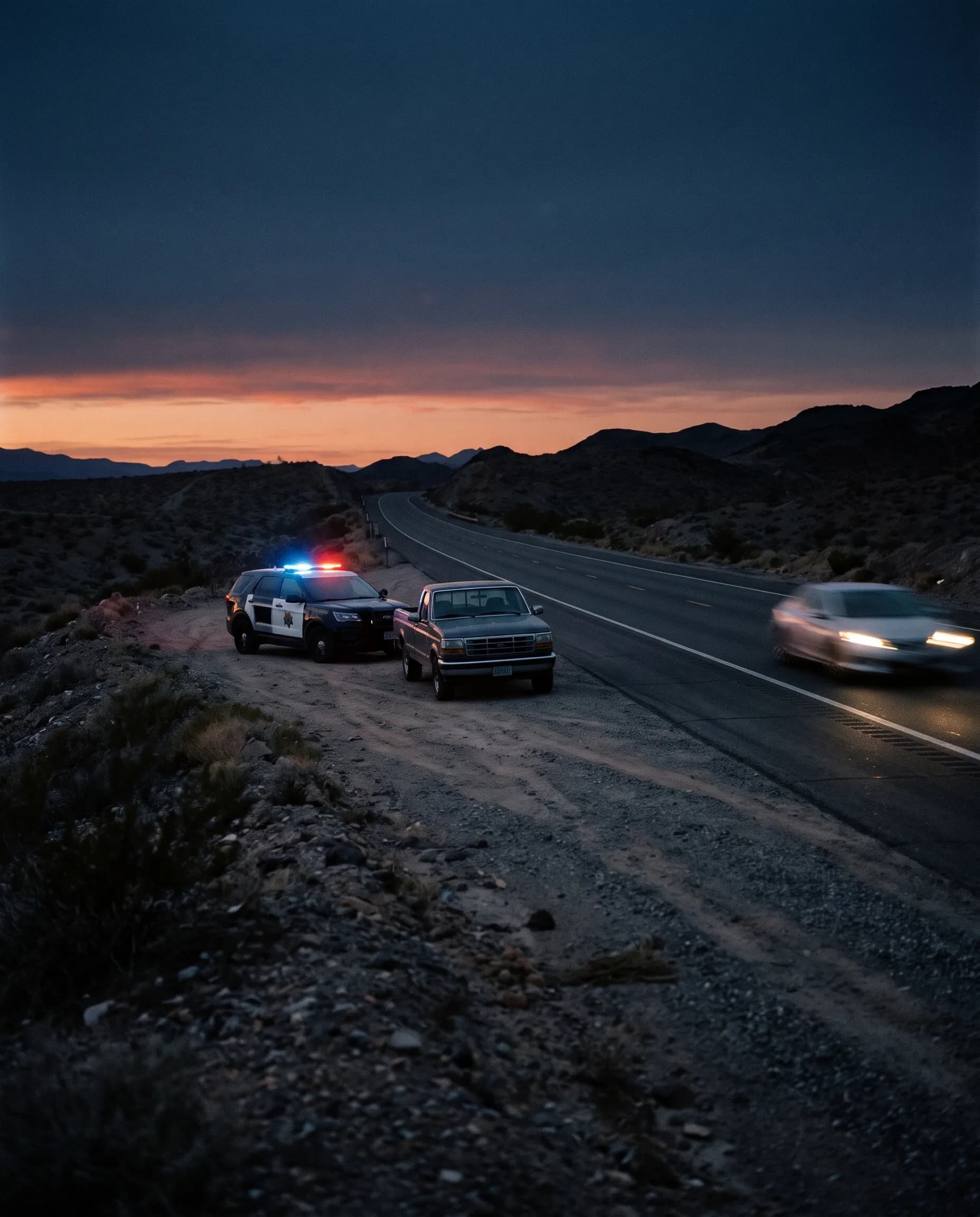 A highway patrol car parked behind a stopped vehicle on a highway shoulder